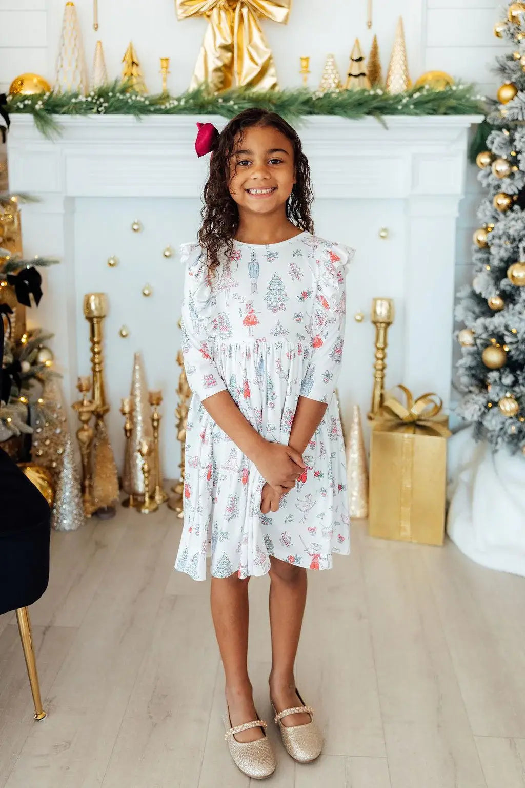 Clara's Christmas 3/4 Sleeve Ruffle Twirl Dress - Mila & Rose ® - Flyclothing LLC