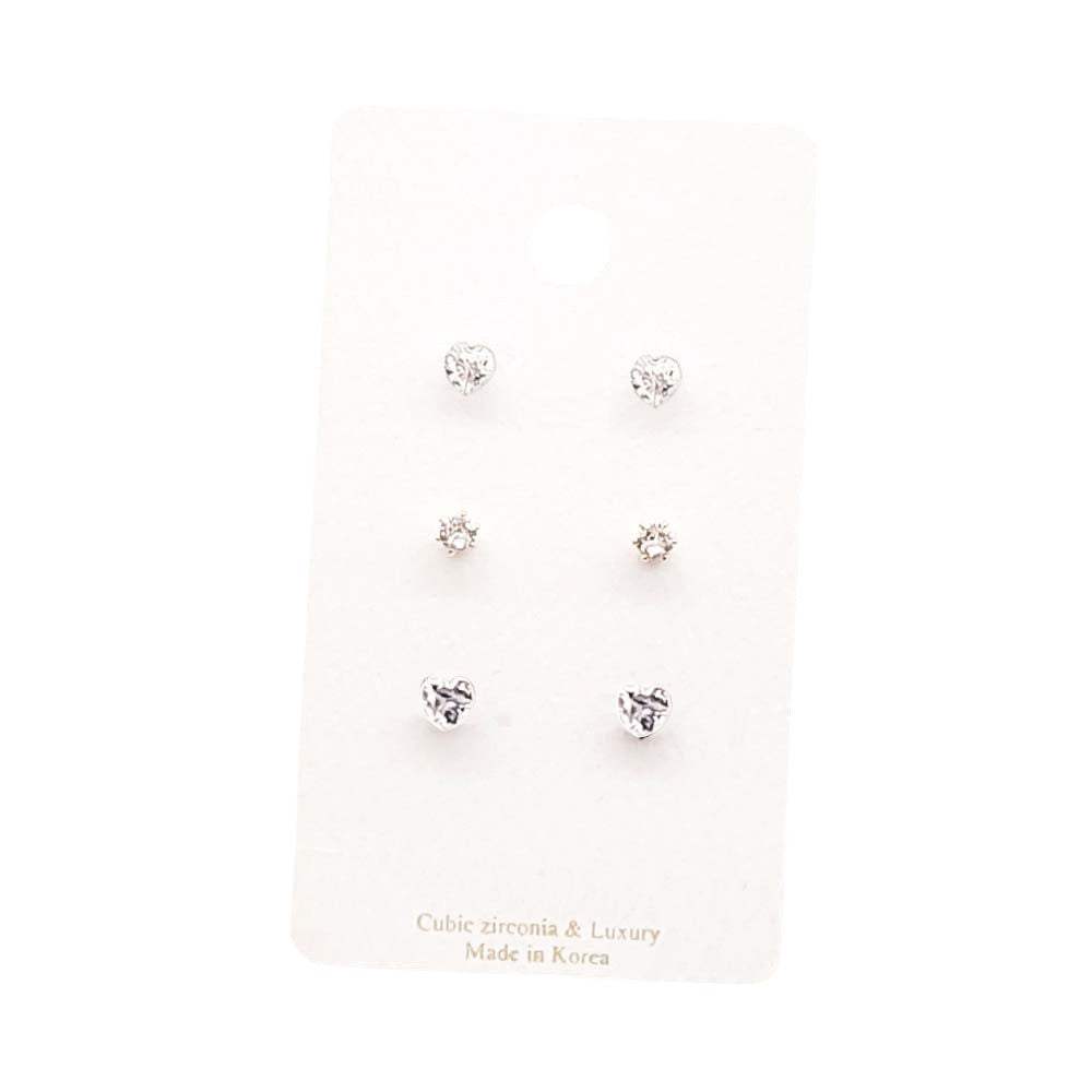 3Pairs - CZ Heart Round Stud Earrings Set - Madeline Love - Flyclothing LLC
