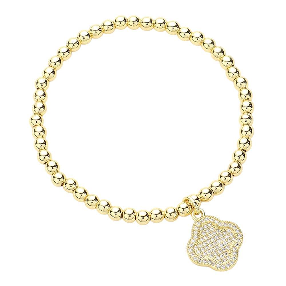 CZ Stone Paved Quatrefoil Charm Stainless Steel Ball Stretch Bracelet - Madeline Love - Flyclothing LLC