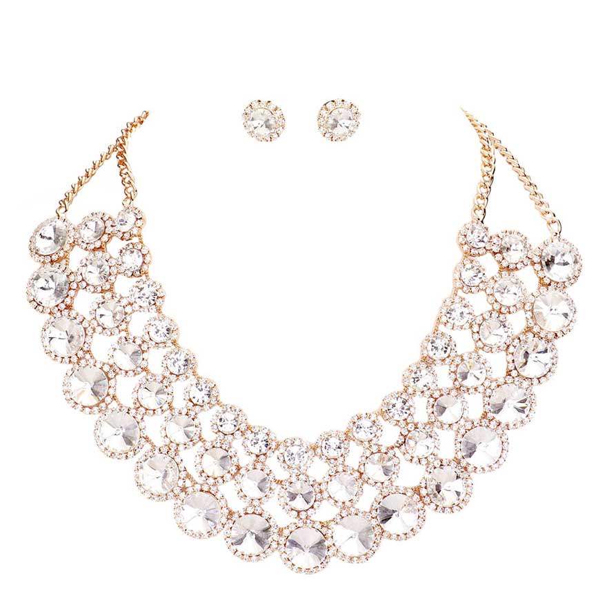 Crystal Pave Trim Round Evening Necklace Earring Set - Madeline Love - Flyclothing LLC