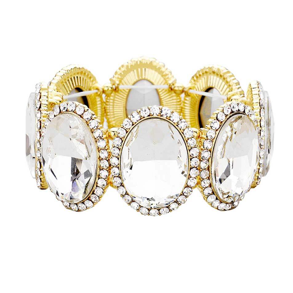 Rhinestone Trim Oval Crystal Stretch Evening Bracelet - Madeline Love - Flyclothing LLC
