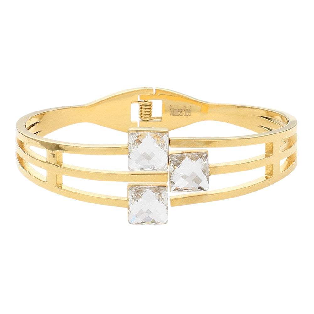 Stainless Steel Triple Square Stone Pointed Hinged Bangle Bracelet - Madeline Love - Flyclothing LLC