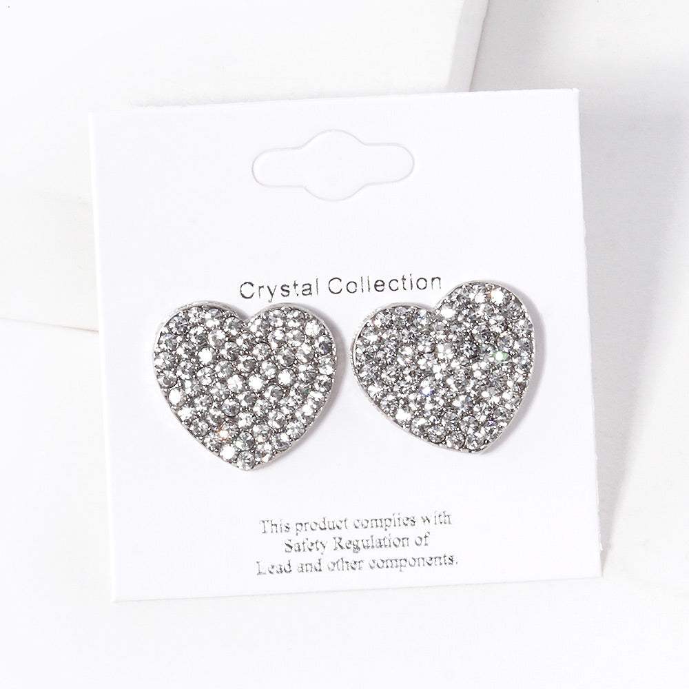 Crystal Stone Paved Heart Stud Earrings - Madeline Love - Flyclothing LLC