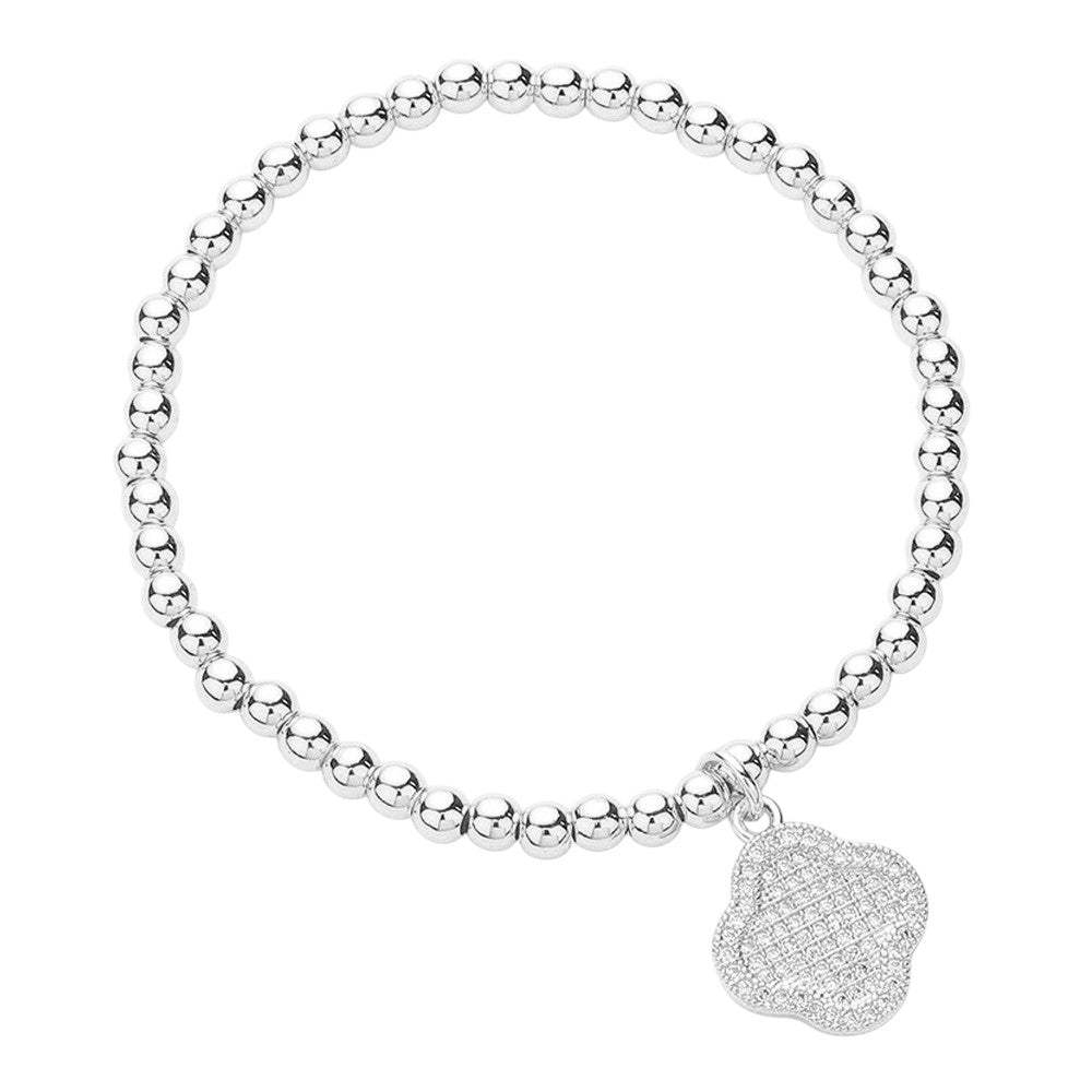 CZ Stone Paved Quatrefoil Charm Stainless Steel Ball Stretch Bracelet - Madeline Love - Flyclothing LLC