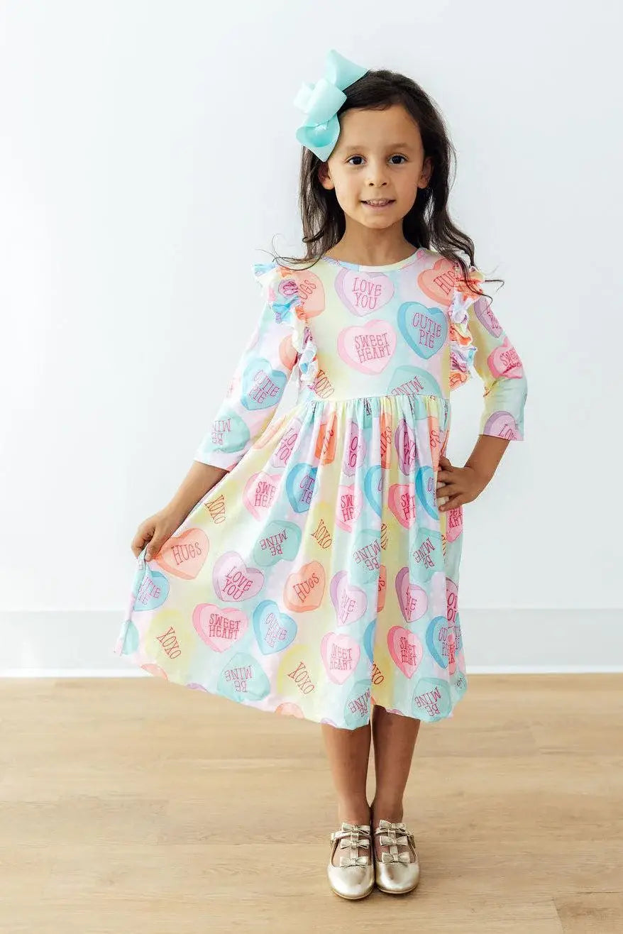 Conversation Hearts 3/4 Sleeve Ruffle Twirl Dress - Mila & Rose ® - Flyclothing LLC
