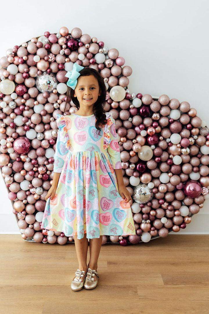 Conversation Hearts 3/4 Sleeve Ruffle Twirl Dress - Mila & Rose ® - Flyclothing LLC
