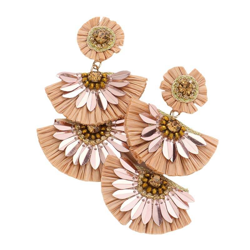 Stone Embellished Half Round Raffia Link Dangle Earrings - Madeline Love - Flyclothing LLC