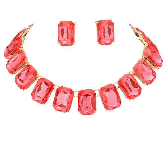 Emerald Cut Stone Link Evening Necklace Earring Set - Madeline Love - Flyclothing LLC