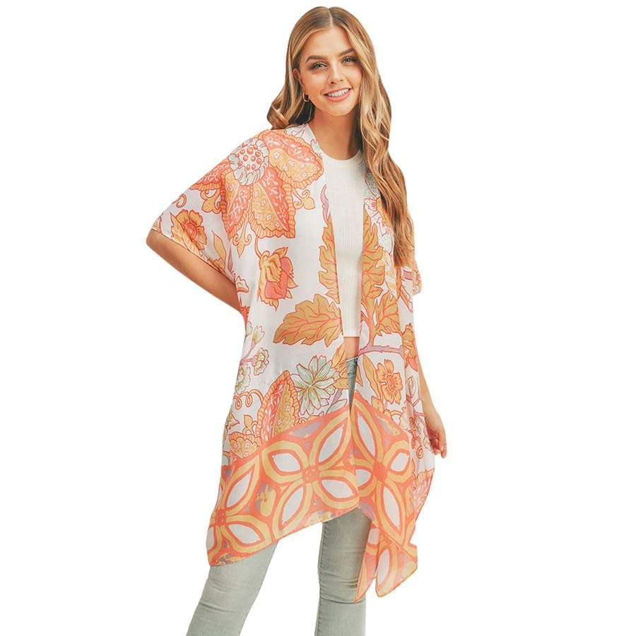 Flower Leaf Print Cover Up Kimono Poncho - Madeline Love - Flyclothing LLC