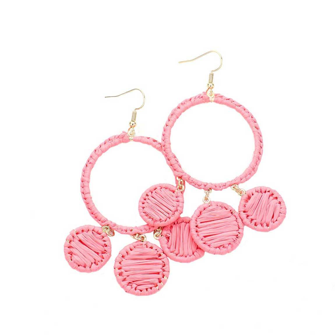 Woven Raffia Open Circle Triple Round Link Dangle Earrings - Madeline Love - Flyclothing LLC
