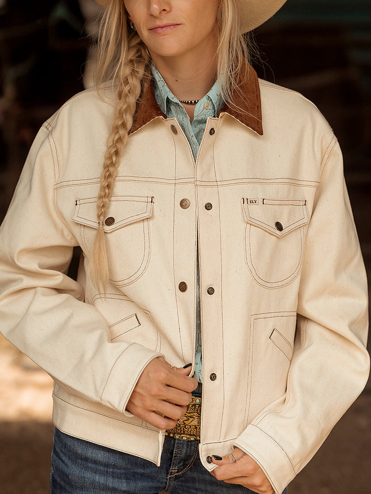 Women's Cowboygirl Ecru Denim Jacket with Corduroy Collar - Ely Cattleman - Flyclothing LLC