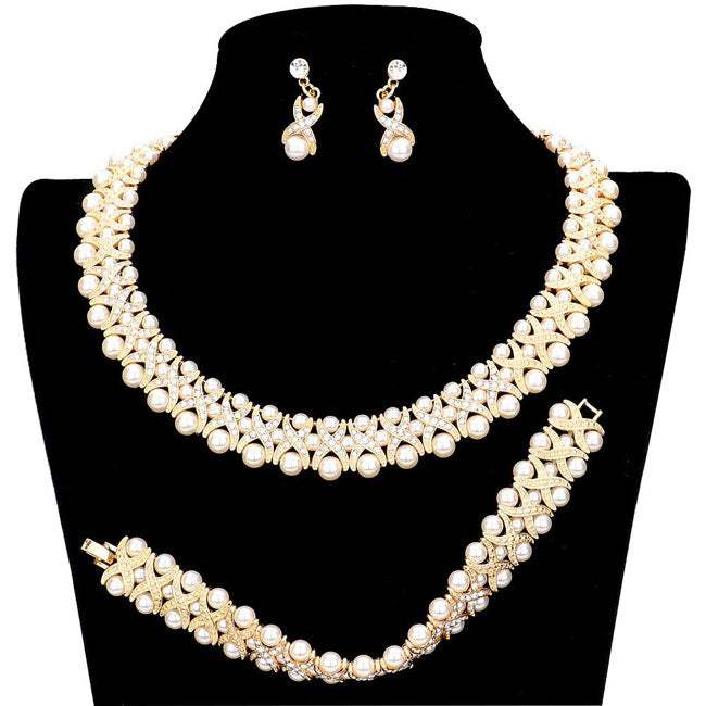 3pcs Pearl Crystal Rhinestone Necklace Jewelry Set - Madeline Love - Flyclothing LLC