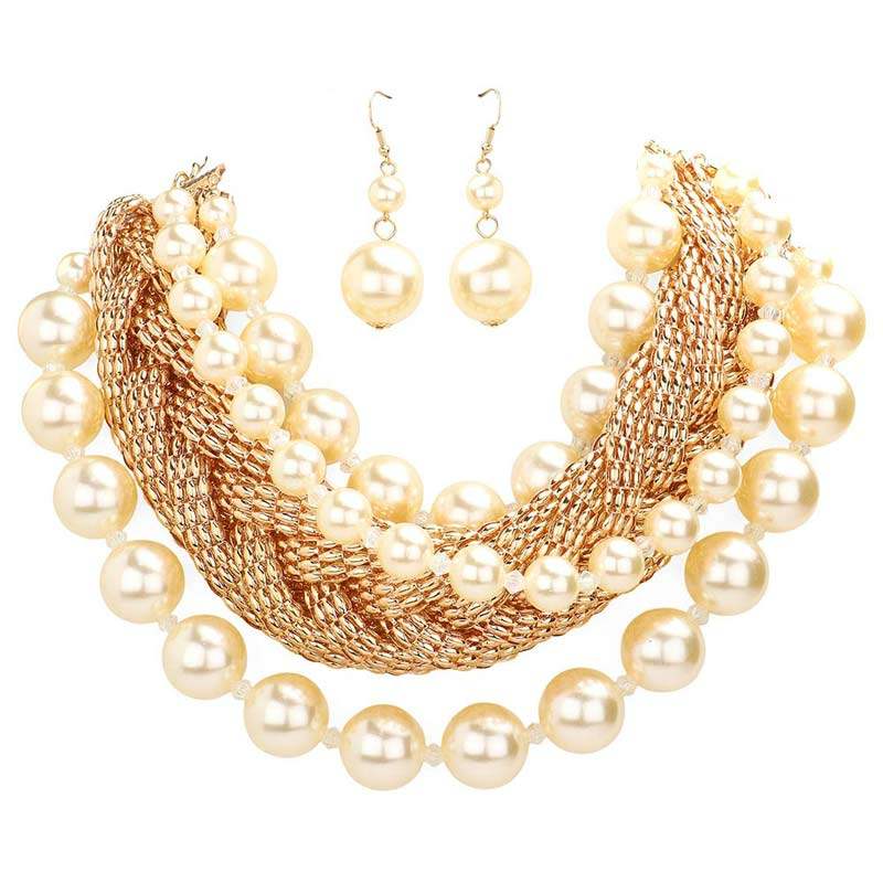 Bold Metal Braided Triple Layered Pearl Necklace - Madeline Love - Flyclothing LLC