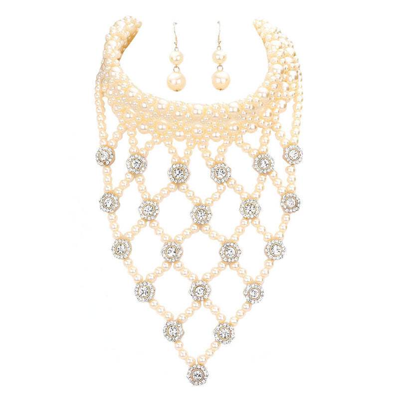 Flower Stone Embellished Pearl Statement Necklace - Madeline Love - Flyclothing LLC