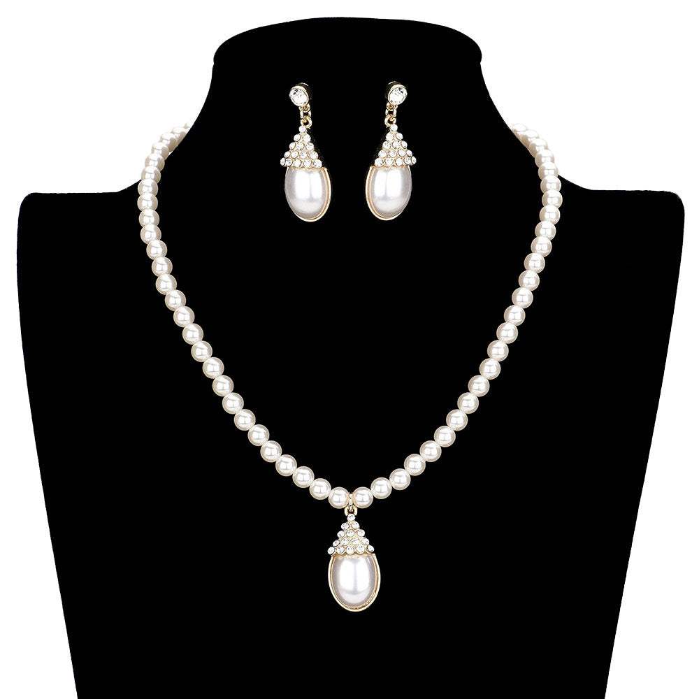 Crystal Pave Teardrop Pearl Pendant Necklace - Madeline Love - Flyclothing LLC