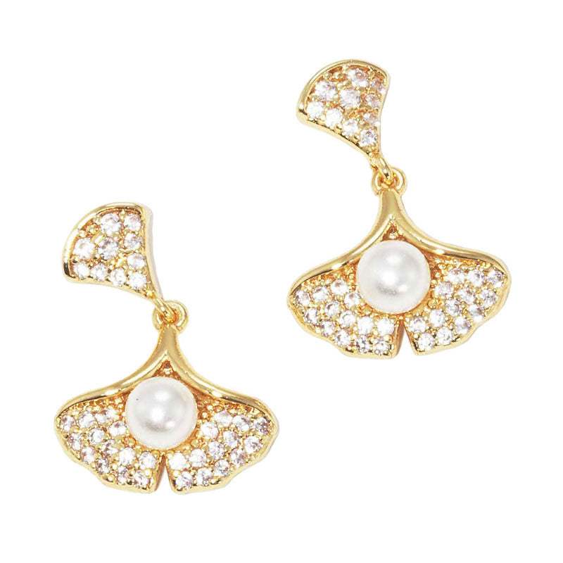 Pearl Accented CZ Gold Dipped Ginkgo Leaf Dangle Earrings - Madeline Love - Flyclothing LLC