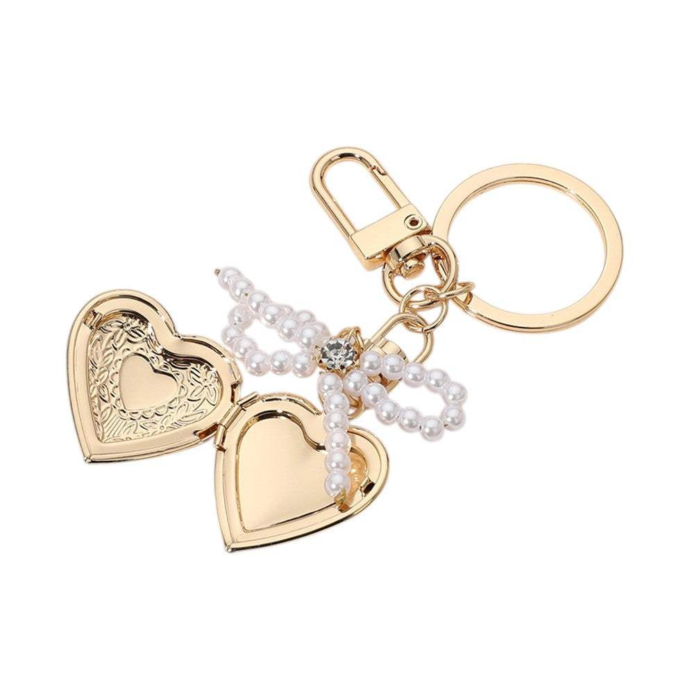 Pearl Beaded Bow Pointe Metal Heart Locket Bag Charm - Madeline Love - Flyclothing LLC
