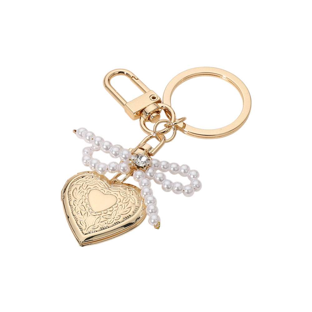 Pearl Beaded Bow Pointe Metal Heart Locket Bag Charm - Madeline Love - Flyclothing LLC