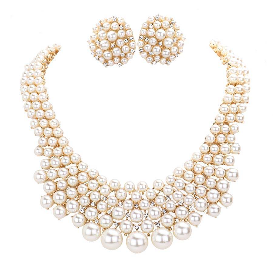 Rhinestone Embellished Pearl Cluster Necklace - Madeline Love - Flyclothing LLC