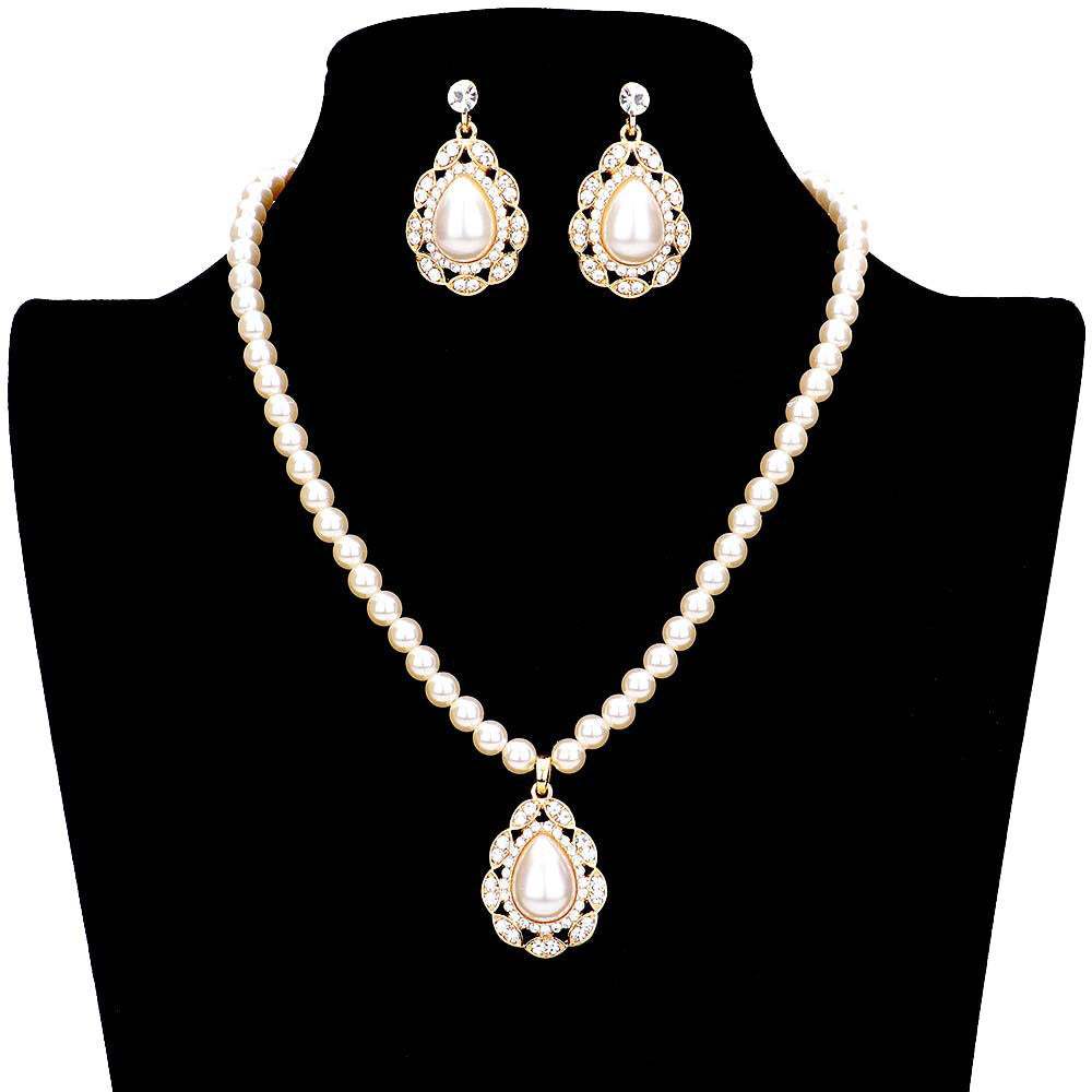 Rhinestone Embellished Teardrop Pearl Accented Necklace - Madeline Love - Flyclothing LLC