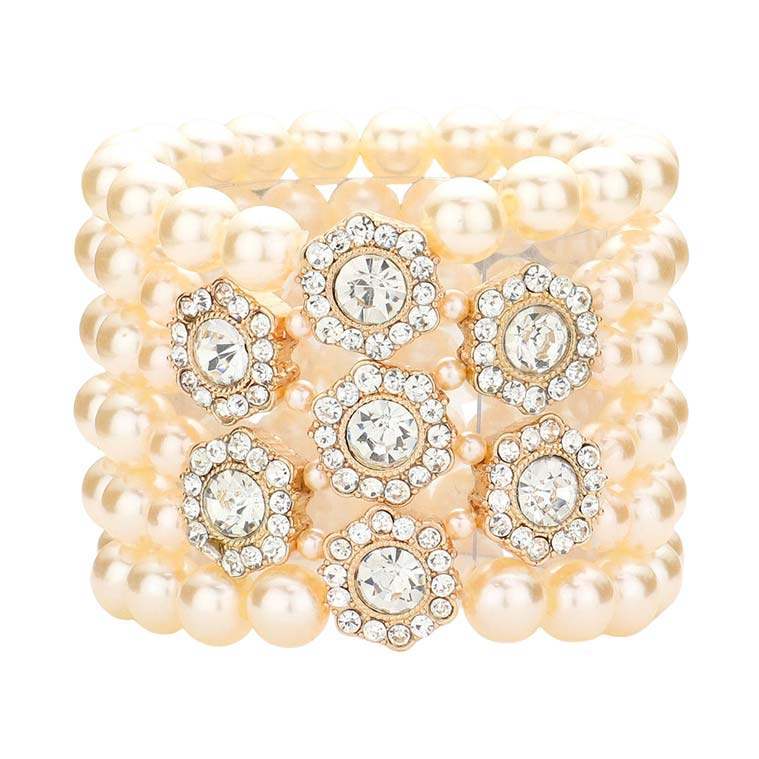 Stone Embellished Multi Layered Pearl Stretch Bracelet - Madeline Love - Flyclothing LLC