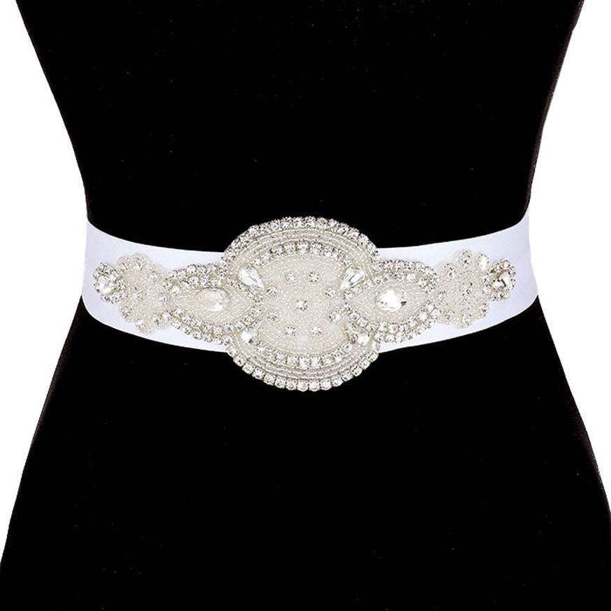 Bridal Wedding Pearl & Crystal Sash Ribbon Belt Headband - Madeline Love - Flyclothing LLC