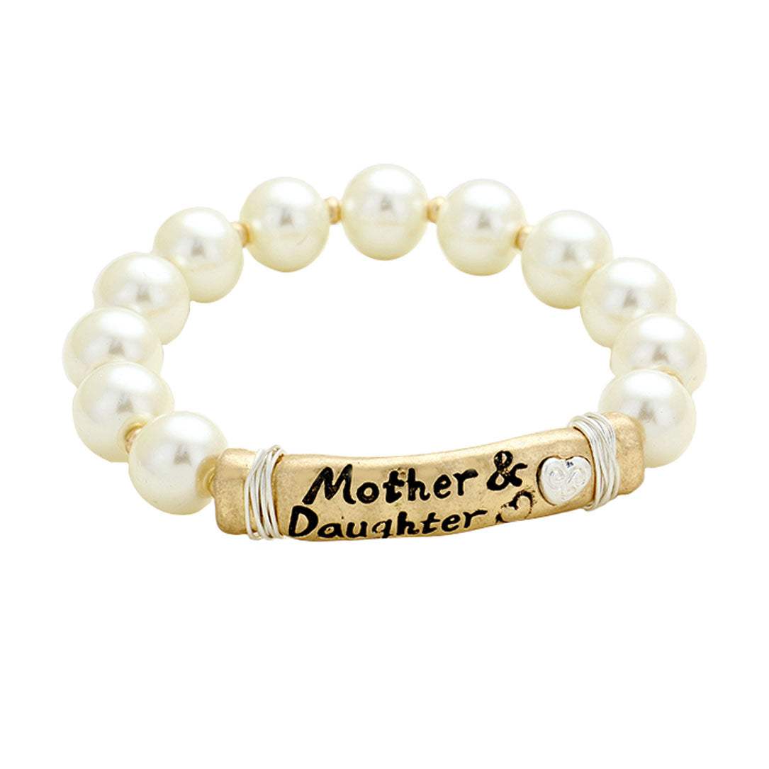 Mother & Daughter Heart Message Bar Pearl Stretch Bracelet - Madeline Love - Flyclothing LLC