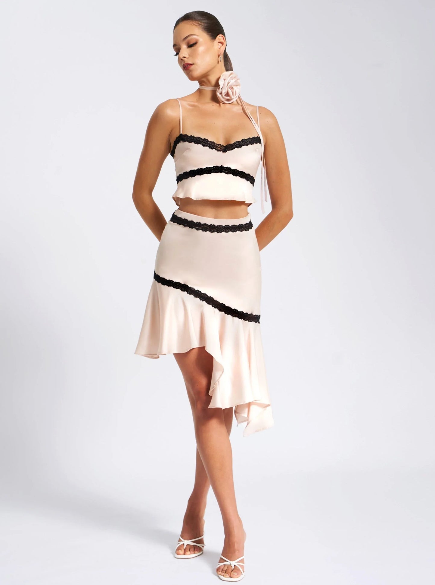 Yahvi Beige Lace Trim Satin Skirt - Miss Circle - Flyclothing LLC