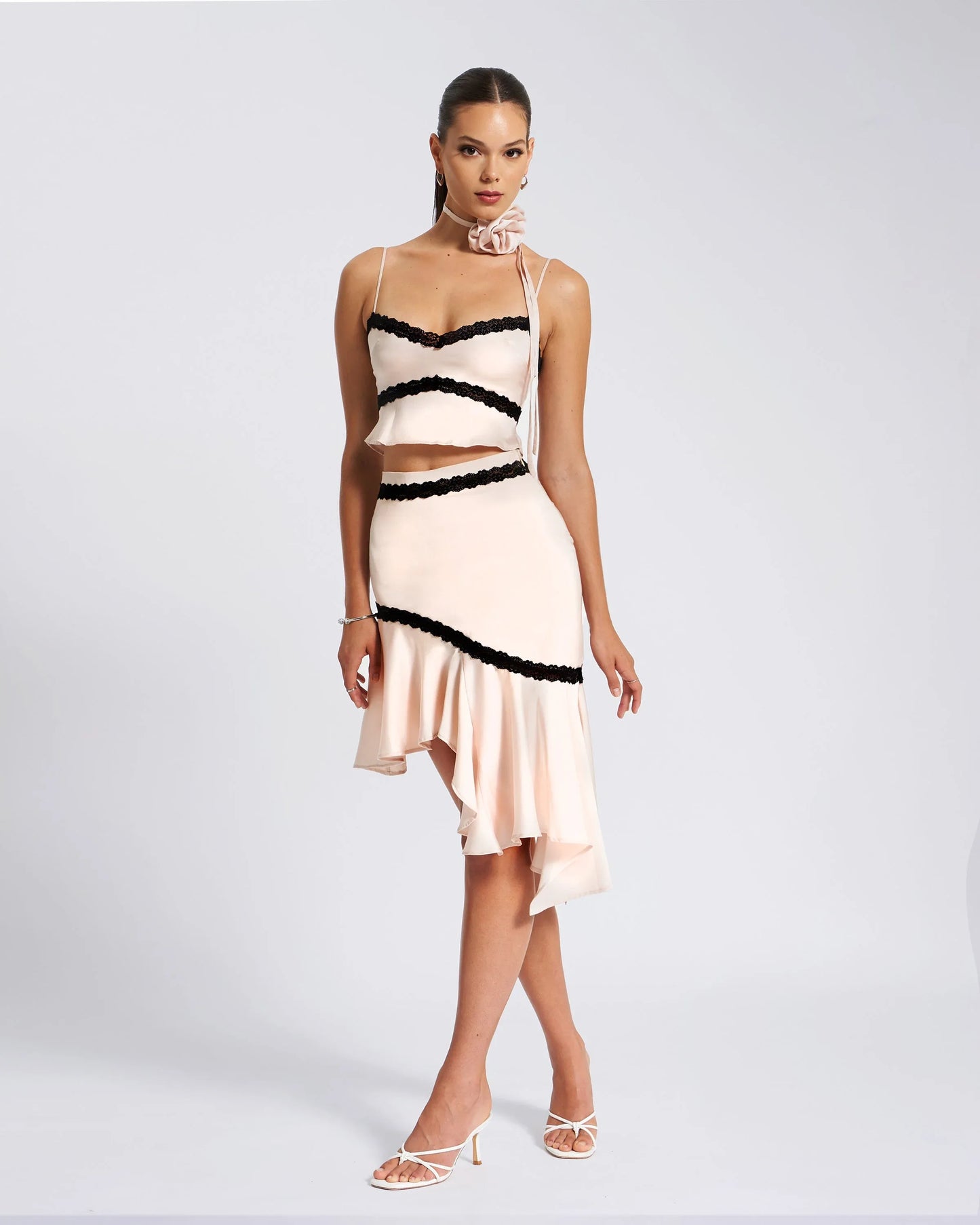 Yahvi Beige Lace Trim Satin Skirt - Miss Circle - Flyclothing LLC