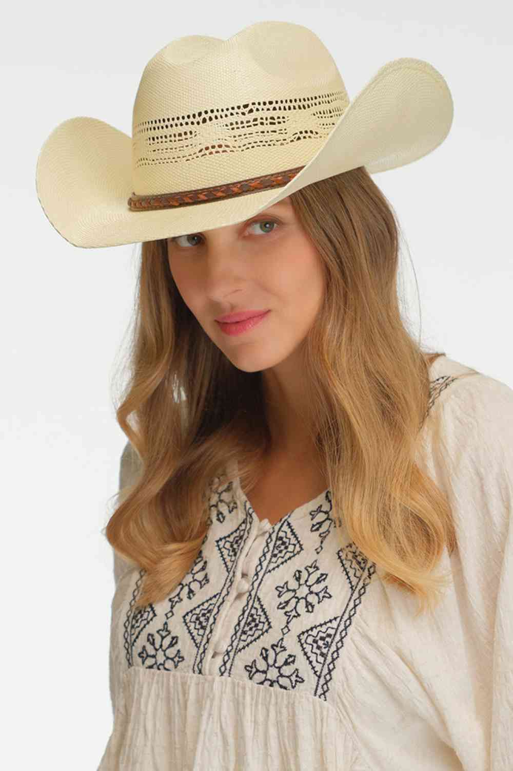 C.C Leather Band Patterned Paper Toyo Cowboy Hat - Madeline Love - Flyclothing LLC