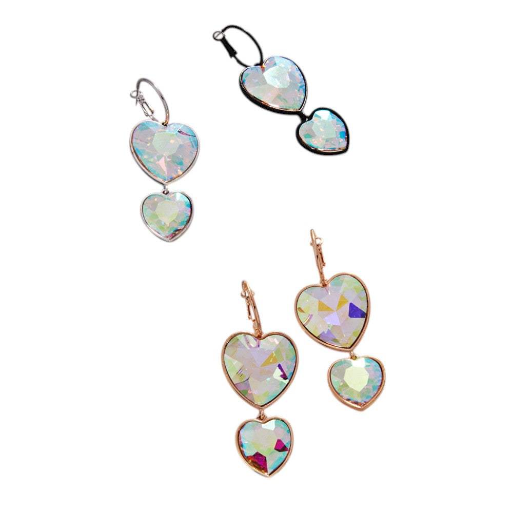 Crystal Stone Double Heart Link Dropdown Earrings - Madeline Love - Flyclothing LLC