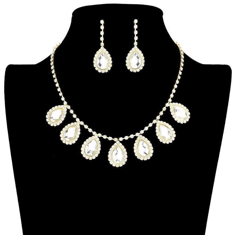 Crystal Rhinestone Teardrop Station Necklace Earring Set - Madeline Love - Flyclothing LLC