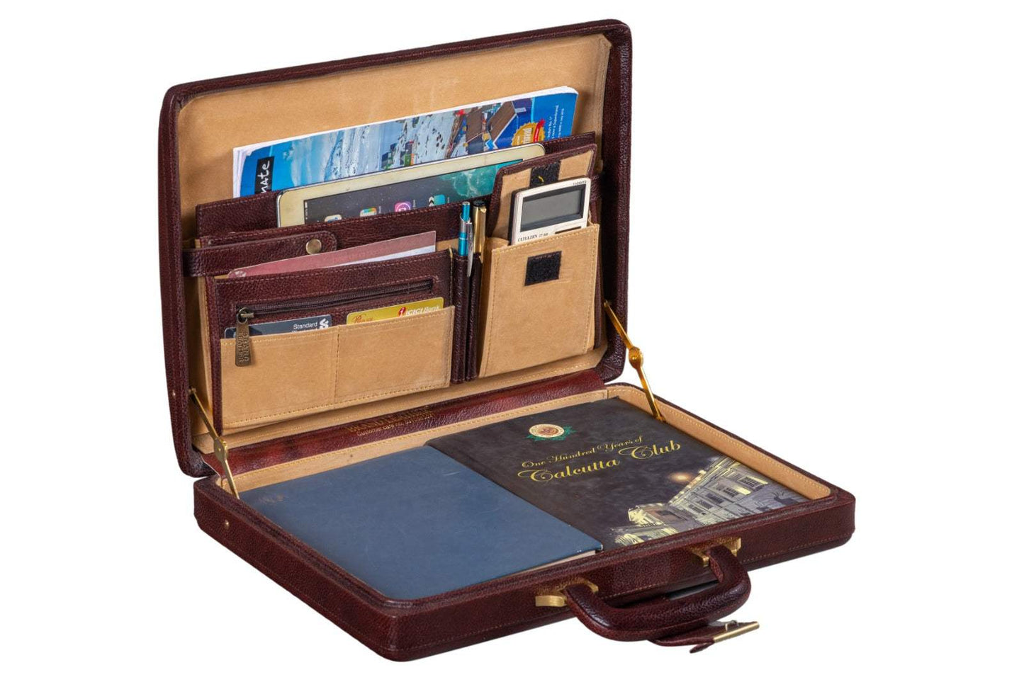 Executive Men's Leather Attache Briefcase Brown/Cherry Red - Classy Leather Bags - Flyclothing LLC