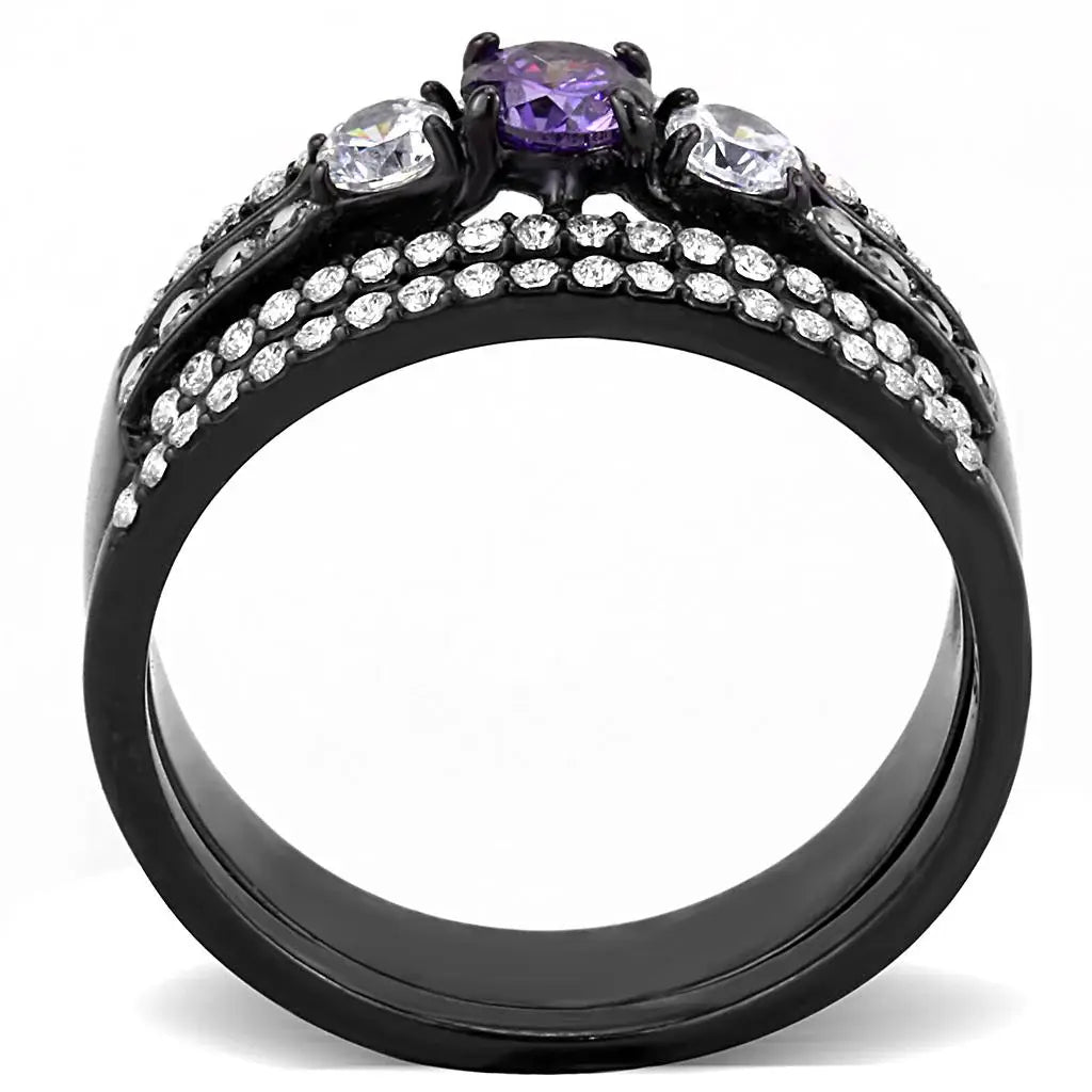 DA001 - IP Black(Ion Plating) Stainless Steel Ring with AAA Grade CZ in Amethyst - Alamode - Flyclothing LLC