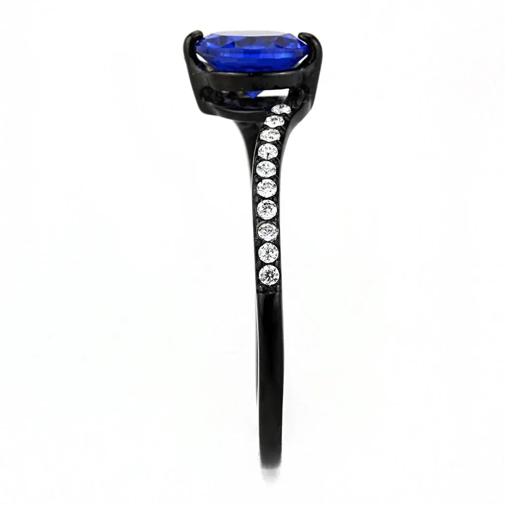 DA012 - IP Black(Ion Plating) Stainless Steel Ring with Synthetic Spinel in London Blue - Alamode - Flyclothing LLC