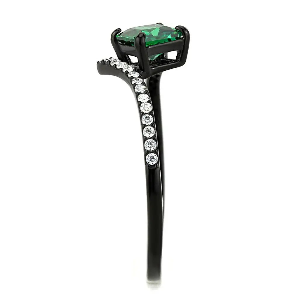DA017 - IP Black(Ion Plating) Stainless Steel Ring with AAA Grade CZ in Emerald - Alamode - Flyclothing LLC
