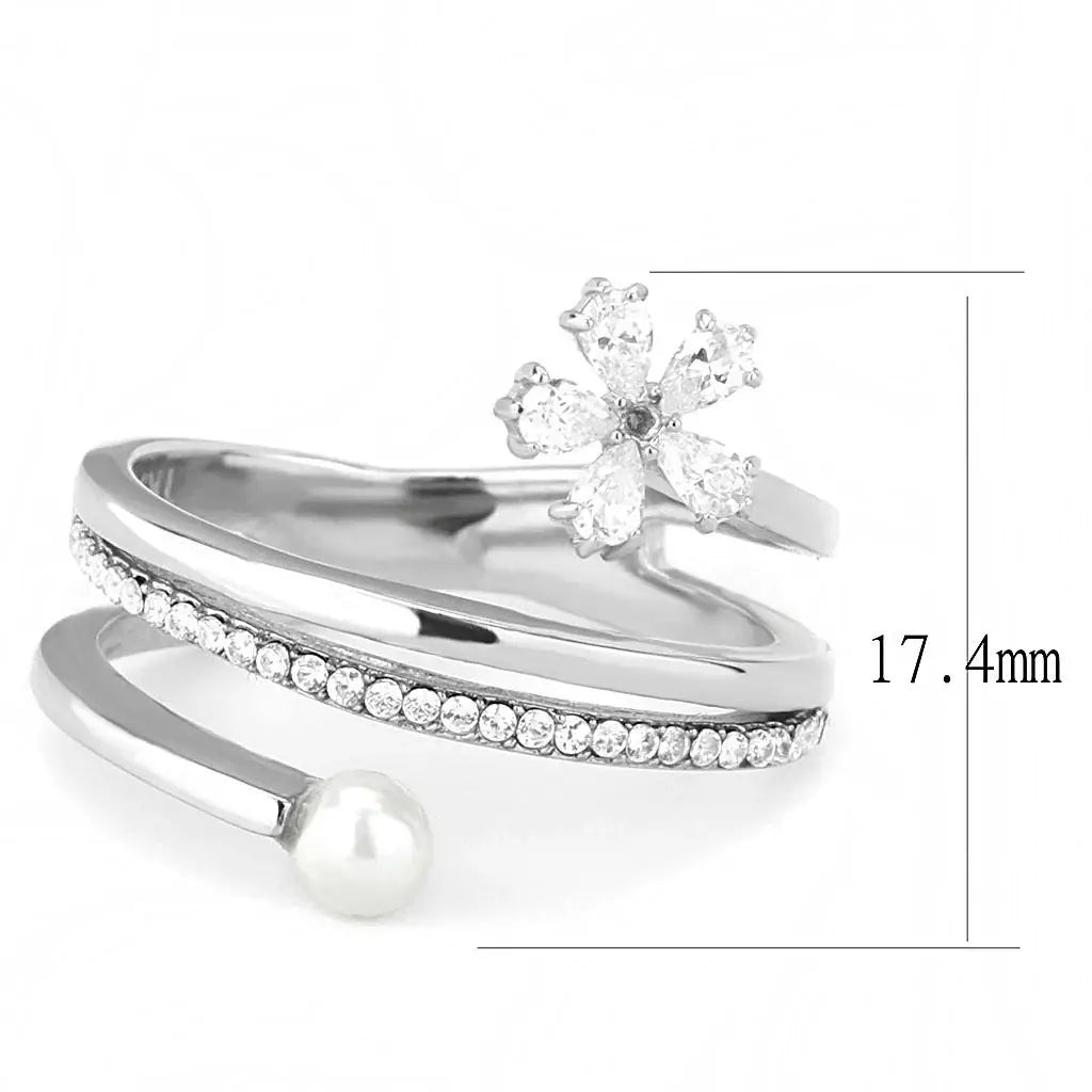 DA059 - High polished (no plating) Stainless Steel Ring with Synthetic Pearl in White - Alamode - Flyclothing LLC