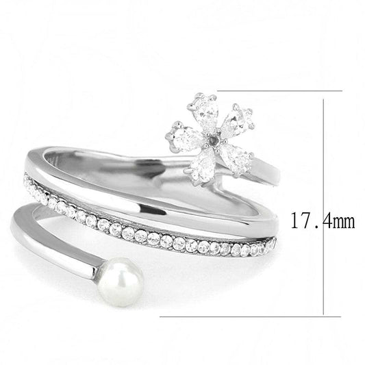 DA059 - High polished (no plating) Stainless Steel Ring with Synthetic Pearl in White - Alamode - Flyclothing LLC
