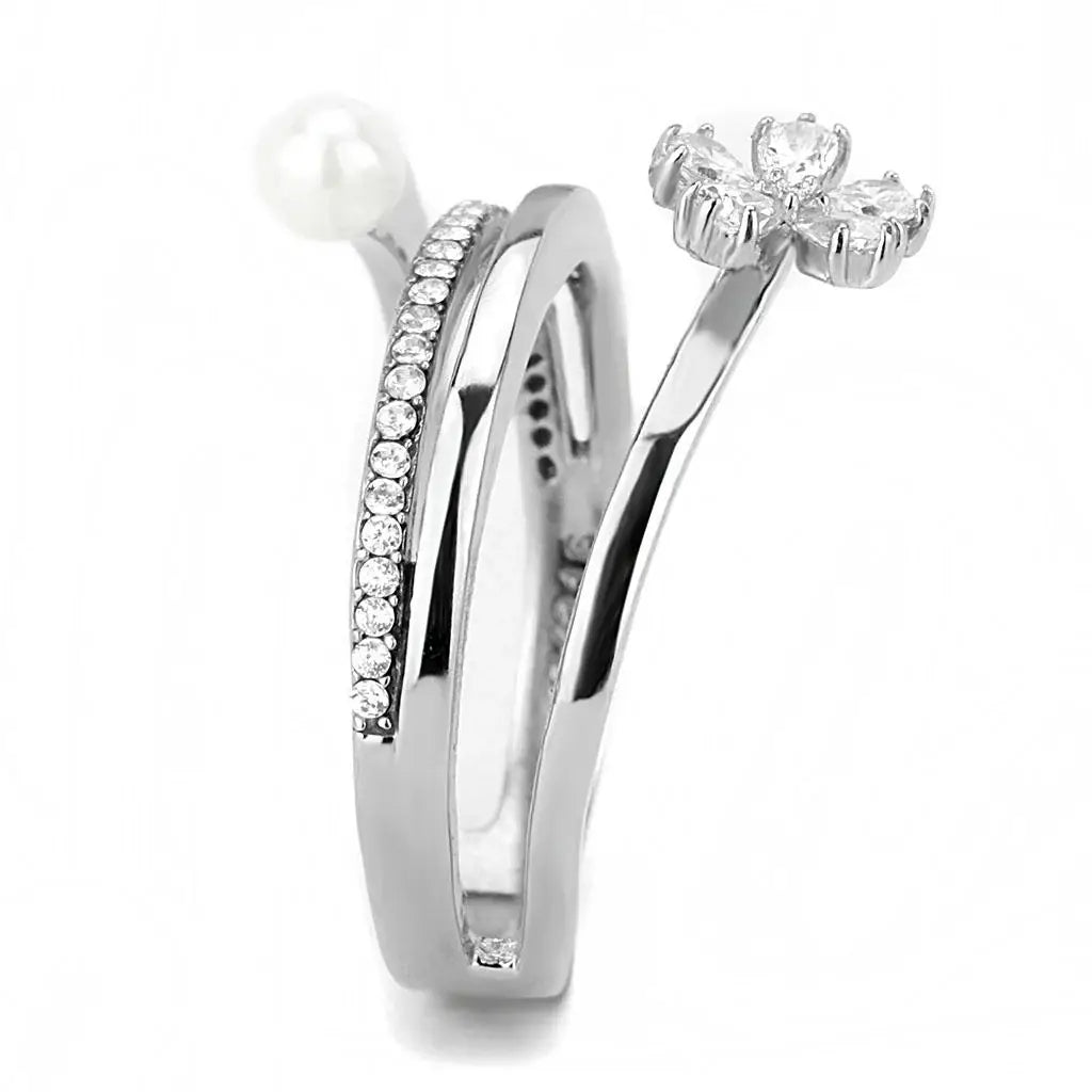 DA059 - High polished (no plating) Stainless Steel Ring with Synthetic Pearl in White - Alamode - Flyclothing LLC