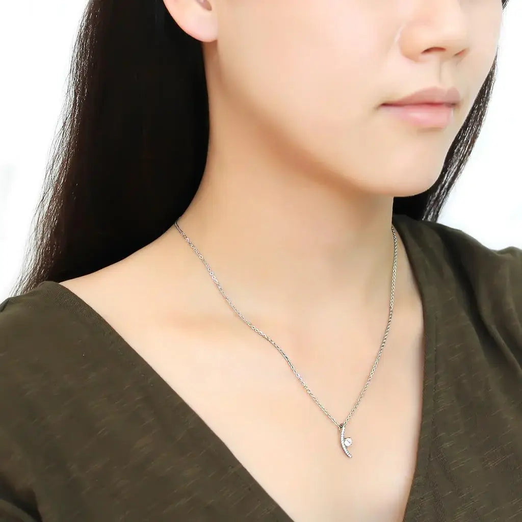 DA092 - High polished (no plating) Stainless Steel Chain Pendant with AAA Grade CZ in Clear - Alamode - Flyclothing LLC
