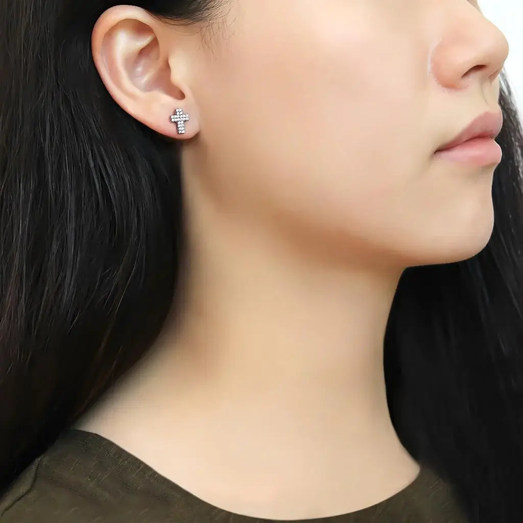 DA098 - High polished (no plating) Stainless Steel Earrings with AAA Grade CZ in Clear - Alamode - Flyclothing LLC