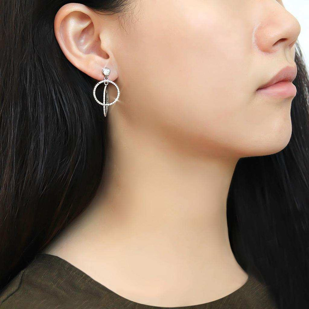 DA100 - High polished (no plating) Stainless Steel Earrings with AAA Grade CZ in Clear - Alamode - Flyclothing LLC