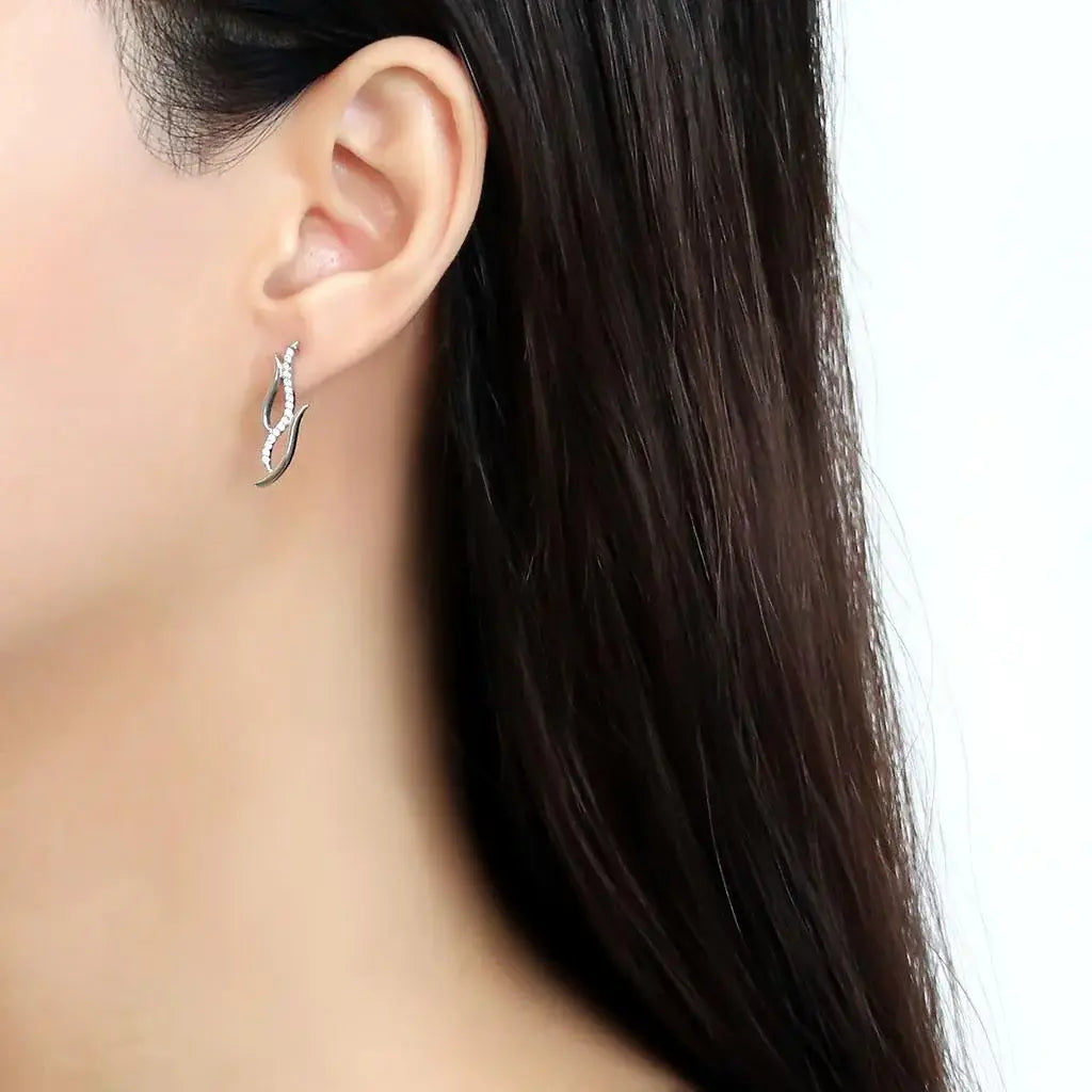 DA182 - High polished (no plating) Stainless Steel Earrings with AAA Grade CZ in Clear - Alamode - Flyclothing LLC