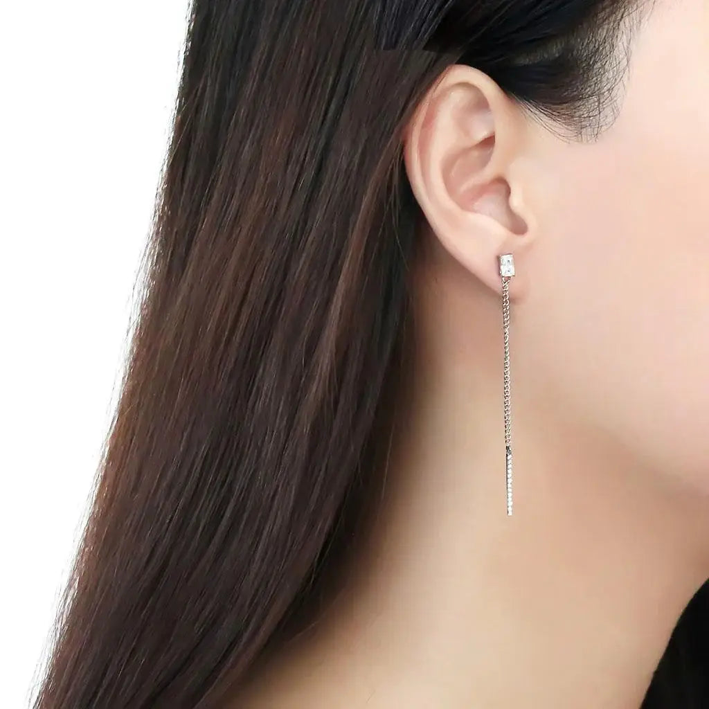 DA202 - High polished (no plating) Stainless Steel Earrings with AAA Grade CZ in Clear - Alamode - Flyclothing LLC