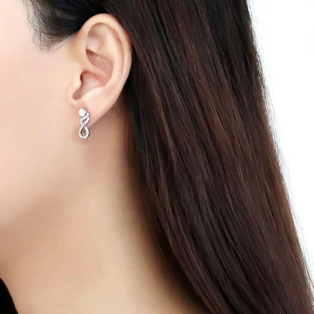 DA203 - High polished (no plating) Stainless Steel Earrings with AAA Grade CZ in Clear - Alamode - Flyclothing LLC