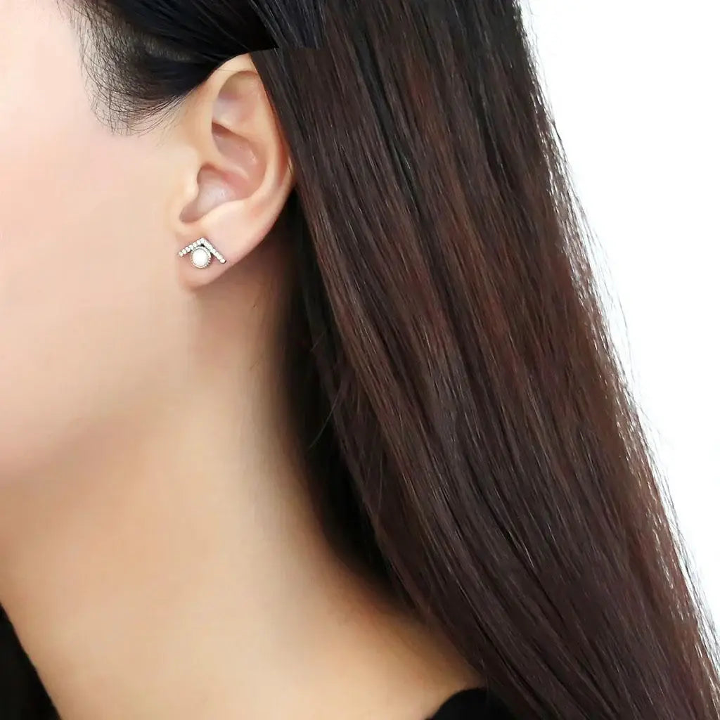 DA216 - High polished (no plating) Stainless Steel Earrings with Synthetic Pearl in White - Alamode - Flyclothing LLC