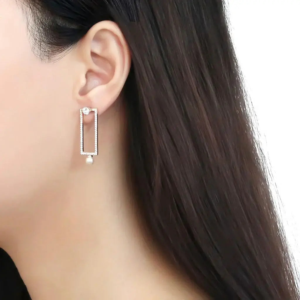 DA222 - IP Gold(Ion Plating) Stainless Steel Earrings with Synthetic Pearl in White - Alamode - Flyclothing LLC