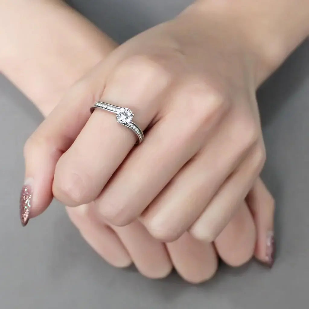 DA233 - High polished (no plating) Stainless Steel Ring with AAA Grade CZ in Clear - Alamode - Flyclothing LLC
