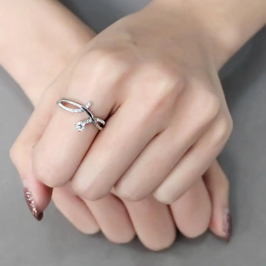 DA240 - High polished (no plating) Stainless Steel Ring with AAA Grade CZ in Clear - Alamode - Flyclothing LLC