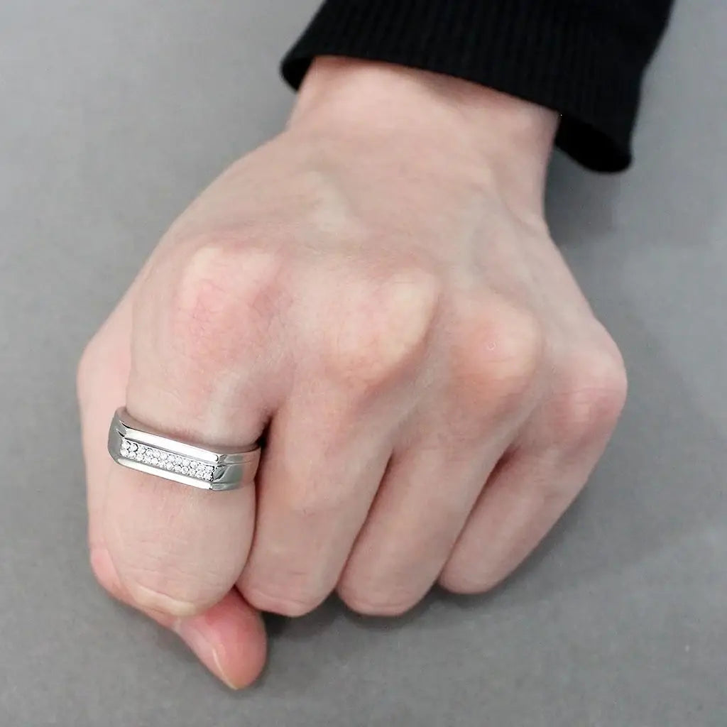 DA251 - High polished (no plating) Stainless Steel Ring with AAA Grade CZ in Clear - Alamode - Flyclothing LLC